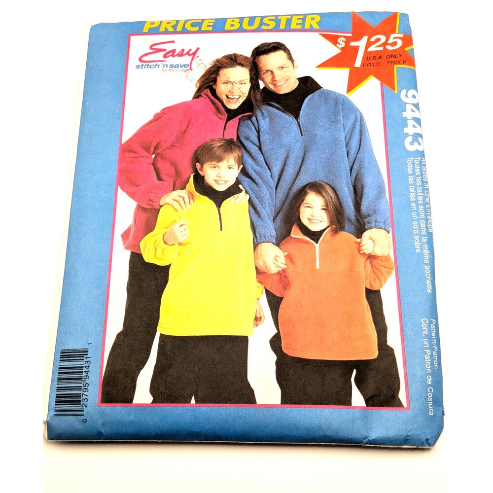 McCALLS 9443 Polar Fleece Pullover Sewing Pattern Family Uncut 1998